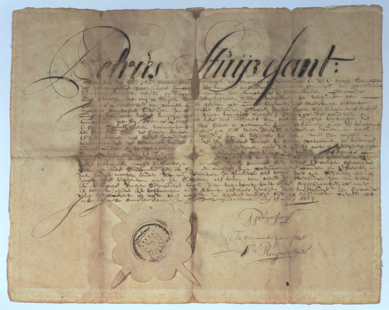 Listina podepsaná Peterem Stuyvesantem, generálním ředitelem Nového Nizozemska, 15. května 1664 od American School