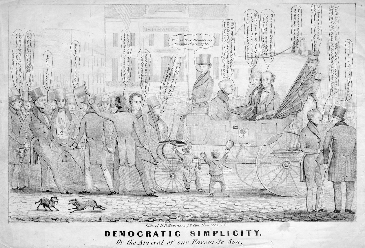 Demokratická jednoduchost, aneb Příchod našeho oblíbeného syna, vydal H R Robinson, New York, kolem roku 1839 od American School