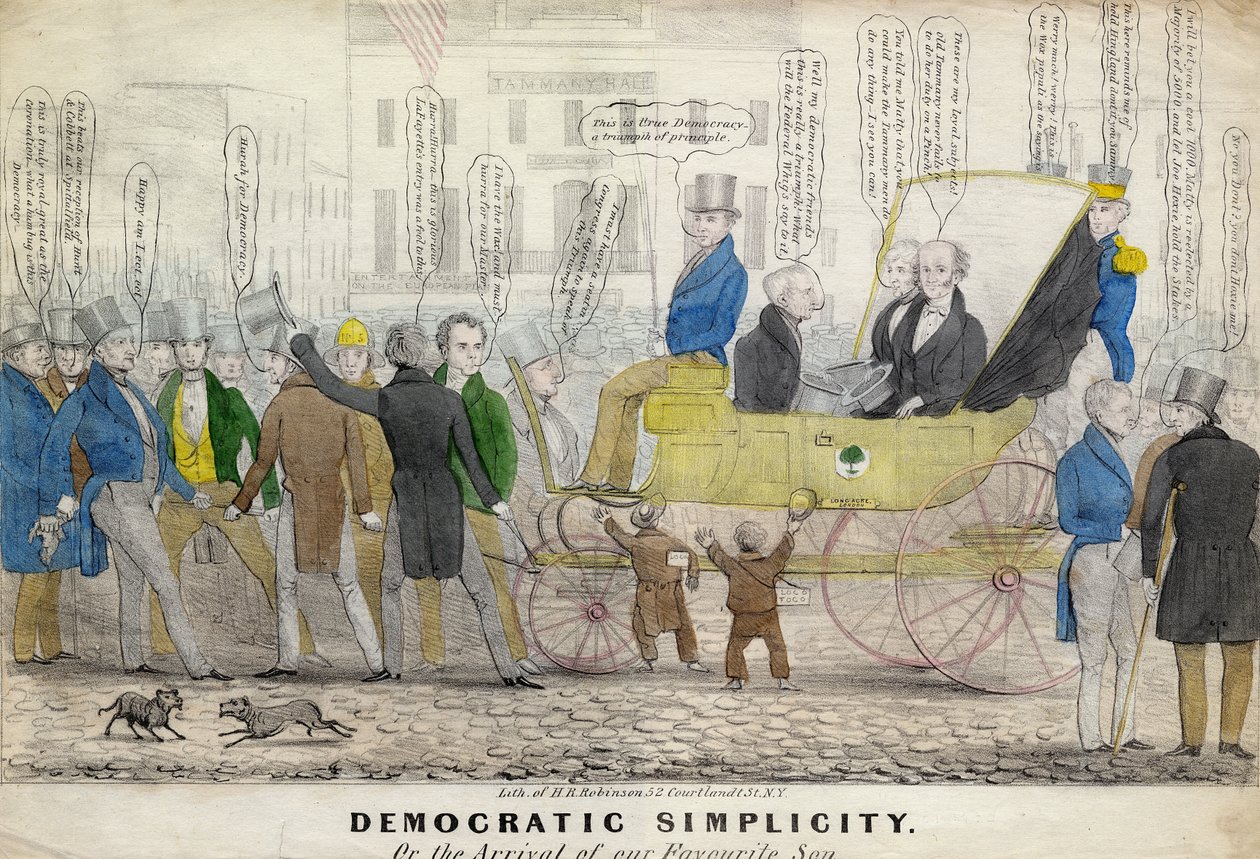 Demokratická jednoduchost, aneb Příchod našeho oblíbeného syna, vydal H R Robinson, New York, kolem roku 1839 od American School