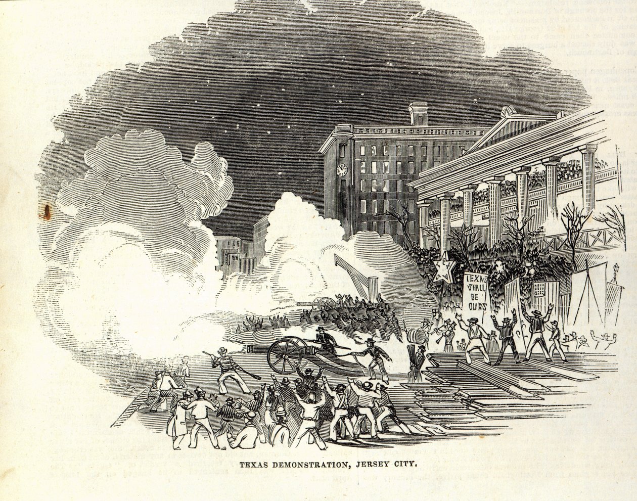 Demonstrace v Jersey City ve prospěch anexe Spojenými státy Texas, ilustrace z 