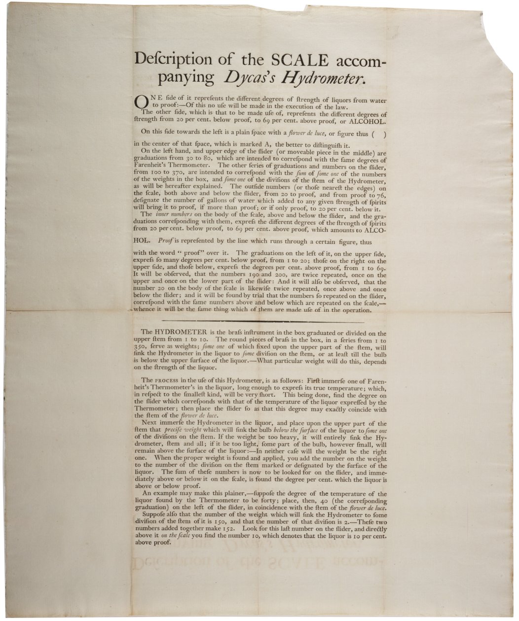 Popis stupnice doprovodného Dycass Hydrometer, 1790 od American School