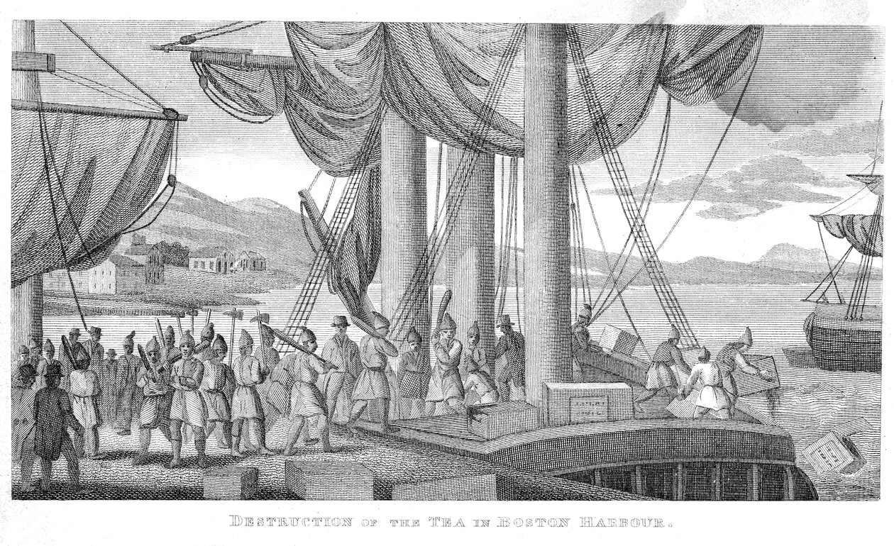 Zničení čaje v Boston Harbor v roce 1773 od American School