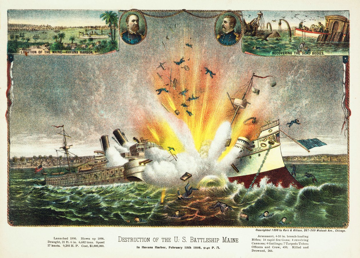 Zničení americké bitevní lodi Maine v přístavu Havana 15. února 1898, pub. 1898 od American School