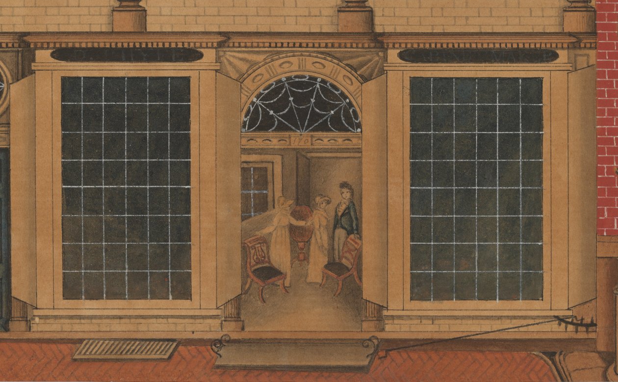 Detail obchodu a skladu Duncana Phyfe na Fulton Street v New Yorku, c.1816-1817 (akvarel, pero a inkoust na papíře) od American School