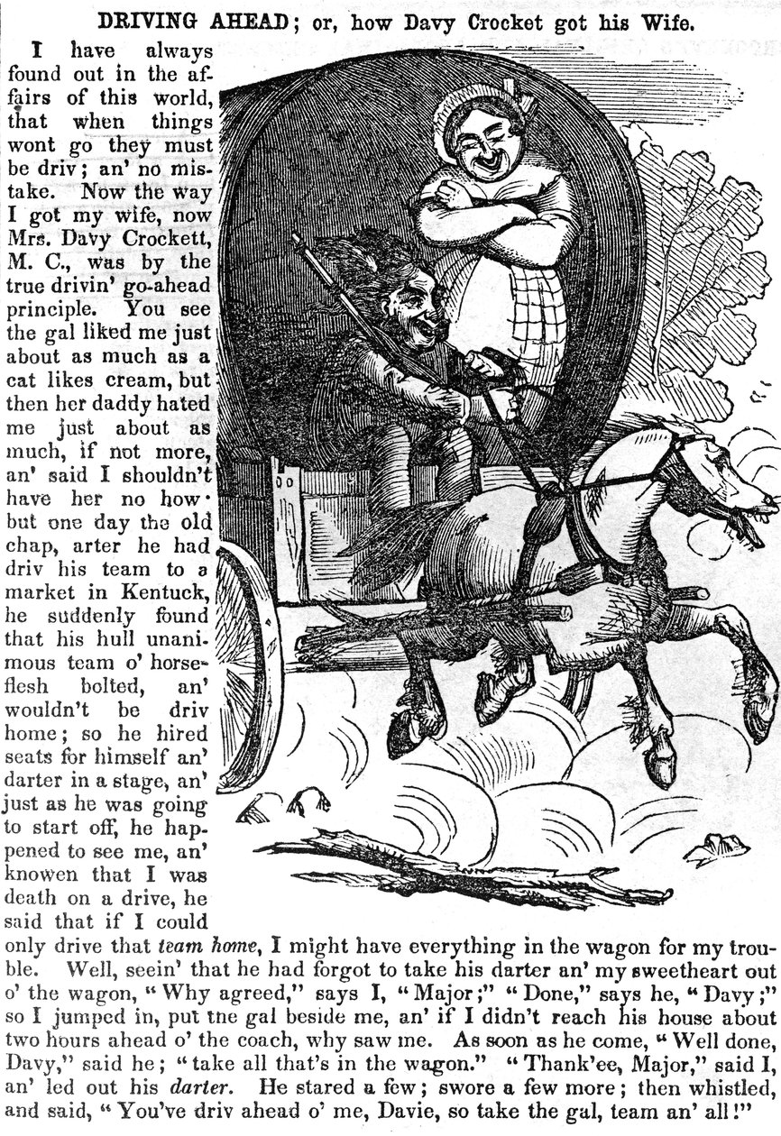 Driving Ahead, aneb Jak Davy Crockett získal svou manželku, z Crockettova almanachu na rok 1856, vydaný v New Yorku, 1855 od American School