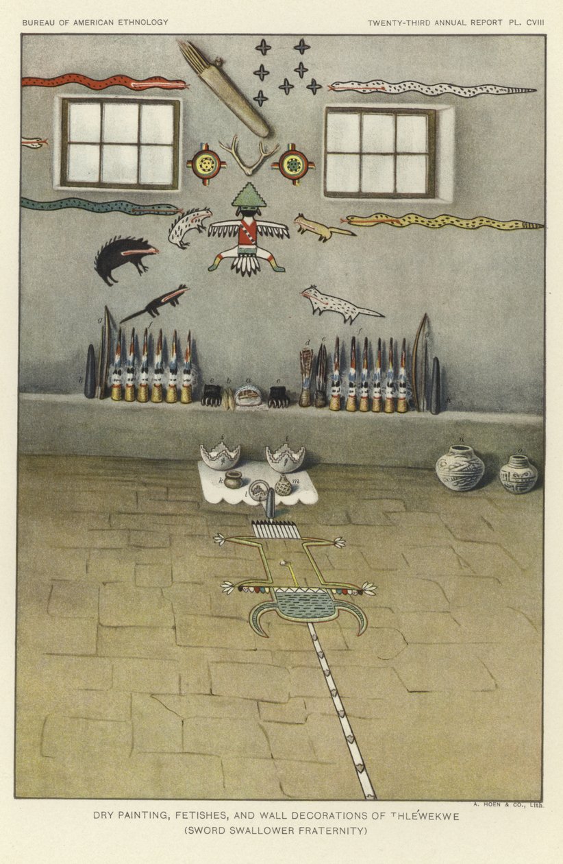 Suché malby, fetiše a nástěnné dekorace Thlewekwe (bratrstvo polykačů mečů) (barevná litografie) od American School