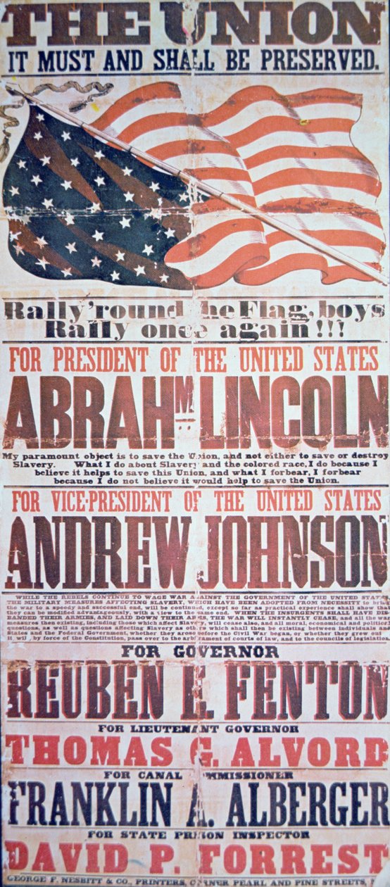 Volební plakát pro Abrahama Lincolna (1809-65) pro prezidenta a Andrewa Johnsona (1808-75) pro viceprezidenta od American School