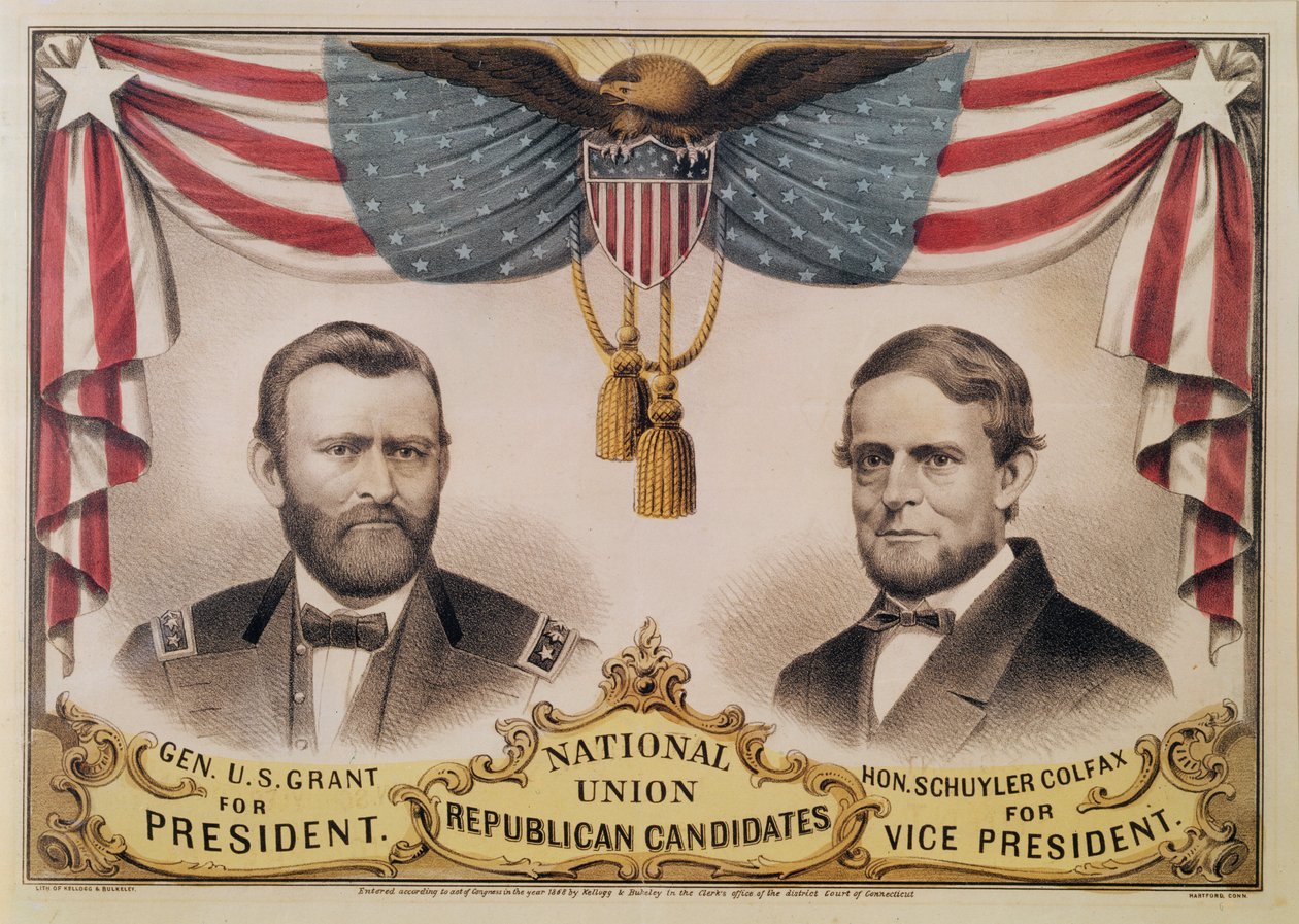 Volební plakát pro prezidentské volby v USA v roce 1868, na kterém jsou vyobrazeni Ulysses S. Grant a Schuyler Colfax, 1868 od American School