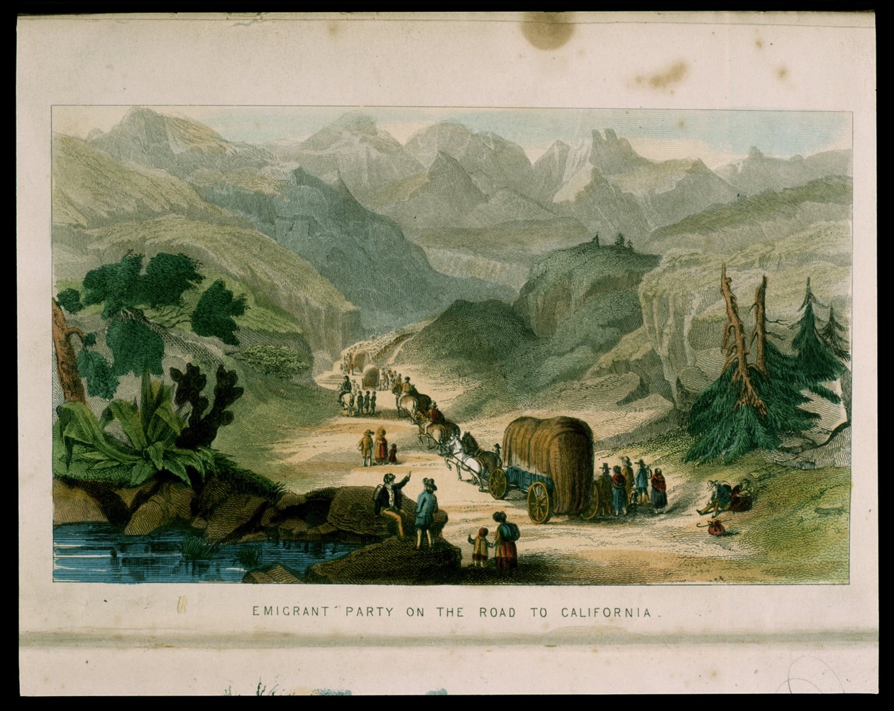 Emigrant Party on the Road to the California in 1596, ilustrace z Kalifornie, její historie, současné postavení a vyhlídky do budoucna, G. A. Fleming, 1850 od American School