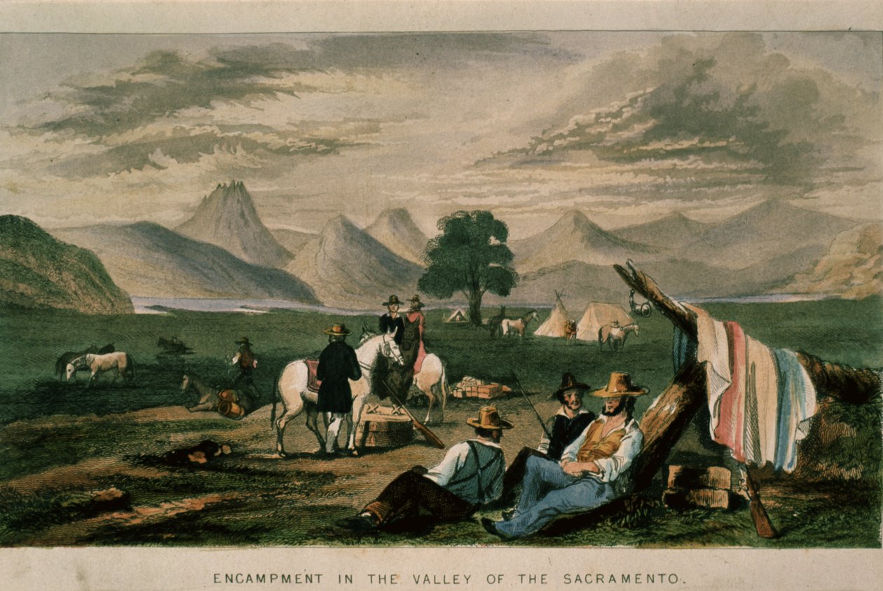 Tábor v údolí řeky Sacramento v roce 1598, ilustrace z knihy Kalifornie, její historie, současná poloha a vyhlídky do budoucna, G. A. Fleming, 1850 od American School