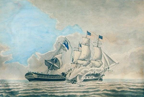 Střetnutí mezi americkou fregatou Constund a H.M.S. Guerriere (akvarel, kvaš a tuš na papíře) od American School