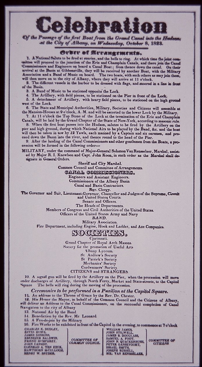 Erie Canal: klíčová část New York State Canal System; Broadside z 8. října 1823 slaví své otevření (dokončeno v roce 1825) (litho) od American School
