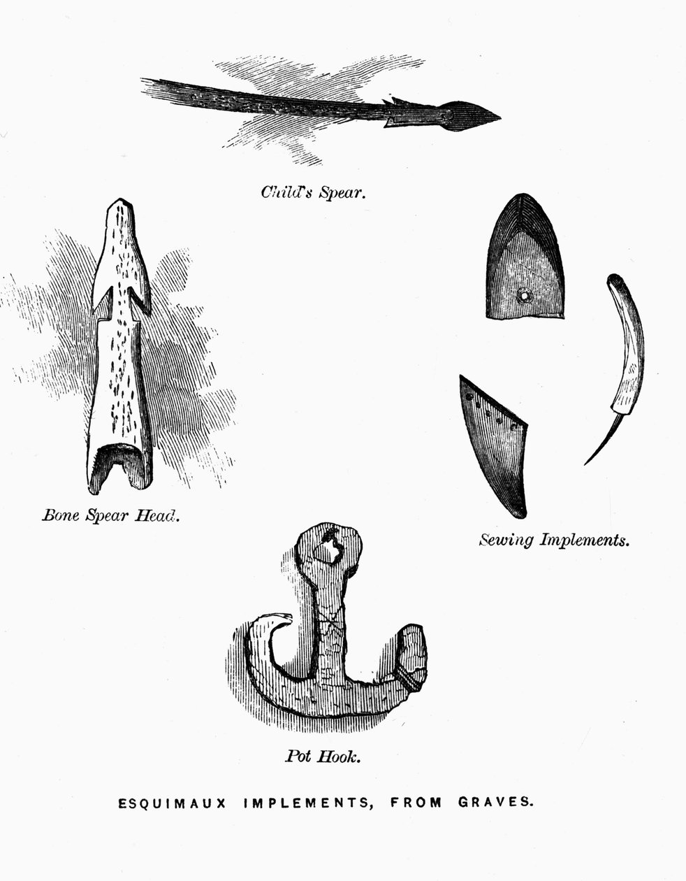 Eskymácké lovecké nástroje - Elisha Kent Kane, Arctic Explorations in the Years 1853-1855, sv. 1, str. 52, Filadelfie od American School