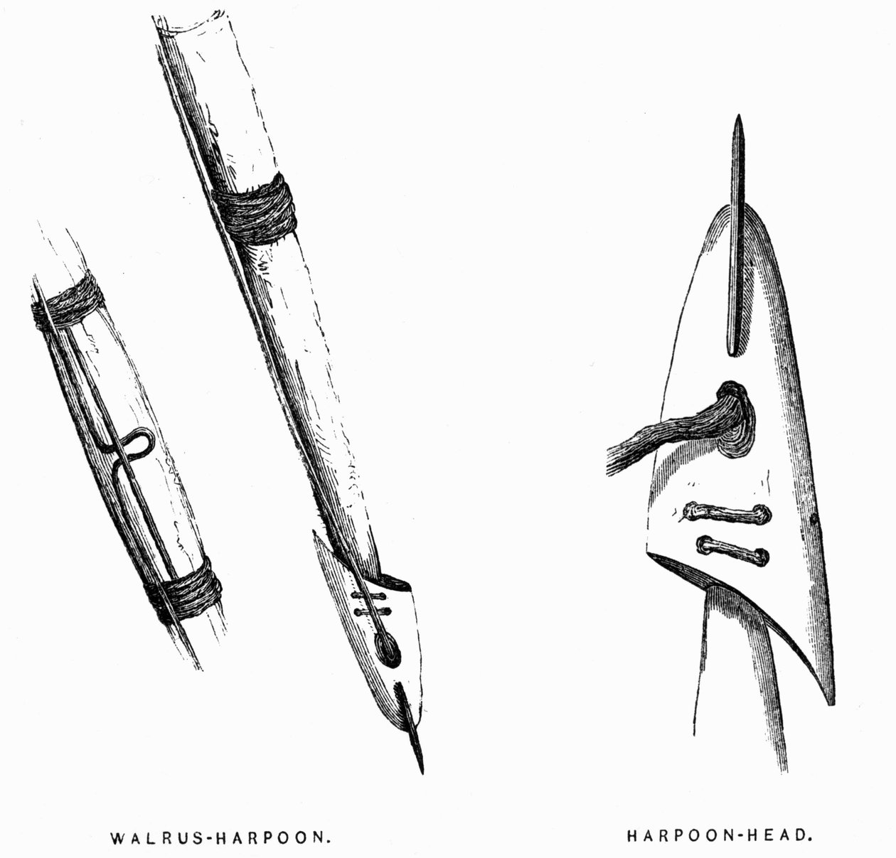 Eskymácké lovecké nástroje: Harpuny - Elisha Kent Kane, Arctic Explorations in the Years 1853-1855, sv. 1, str. 412, Philadelphia od American School
