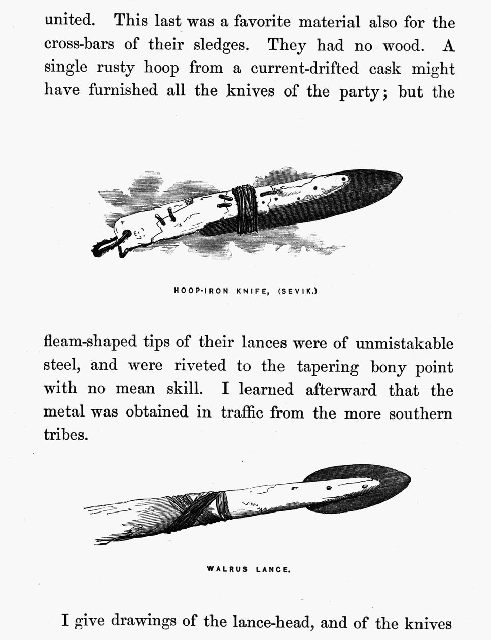 Eskymácký nůž a kopí - Elisha Kent Kane, Arctic Explorations in the years 1853-1855, sv. 1, str. 206, Philadelphia od American School