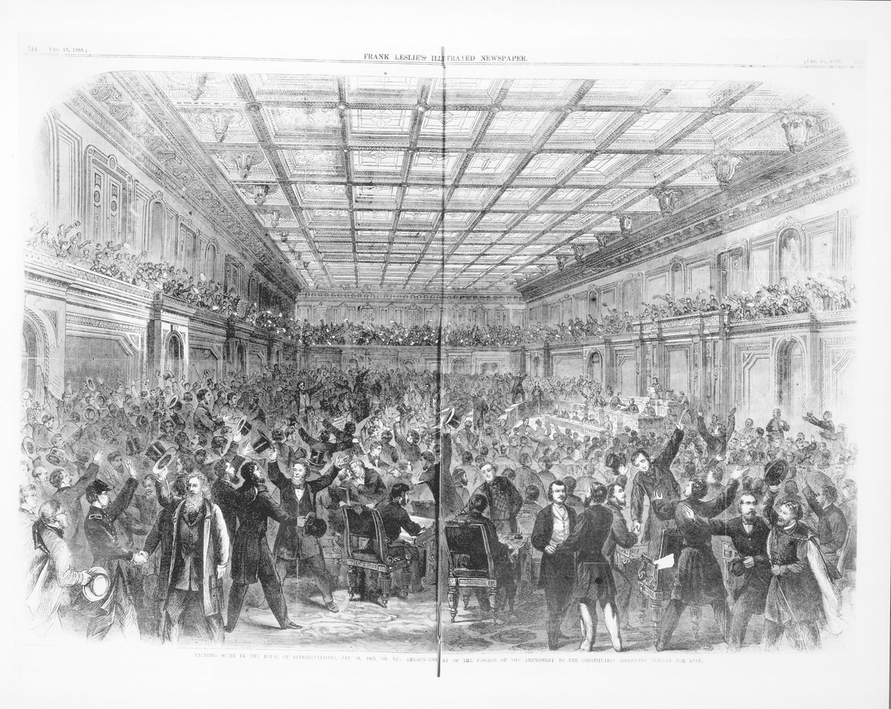 Vzrušující scéna ve Sněmovně reprezentantů, 31. ledna 1865, o oznámení o schválení dodatku k úplnému zrušení otroctví, z „Ilustrovaných novin Franka Leslieho“, 18. února 1865 (rytina) (černobílá fotografie) od American School