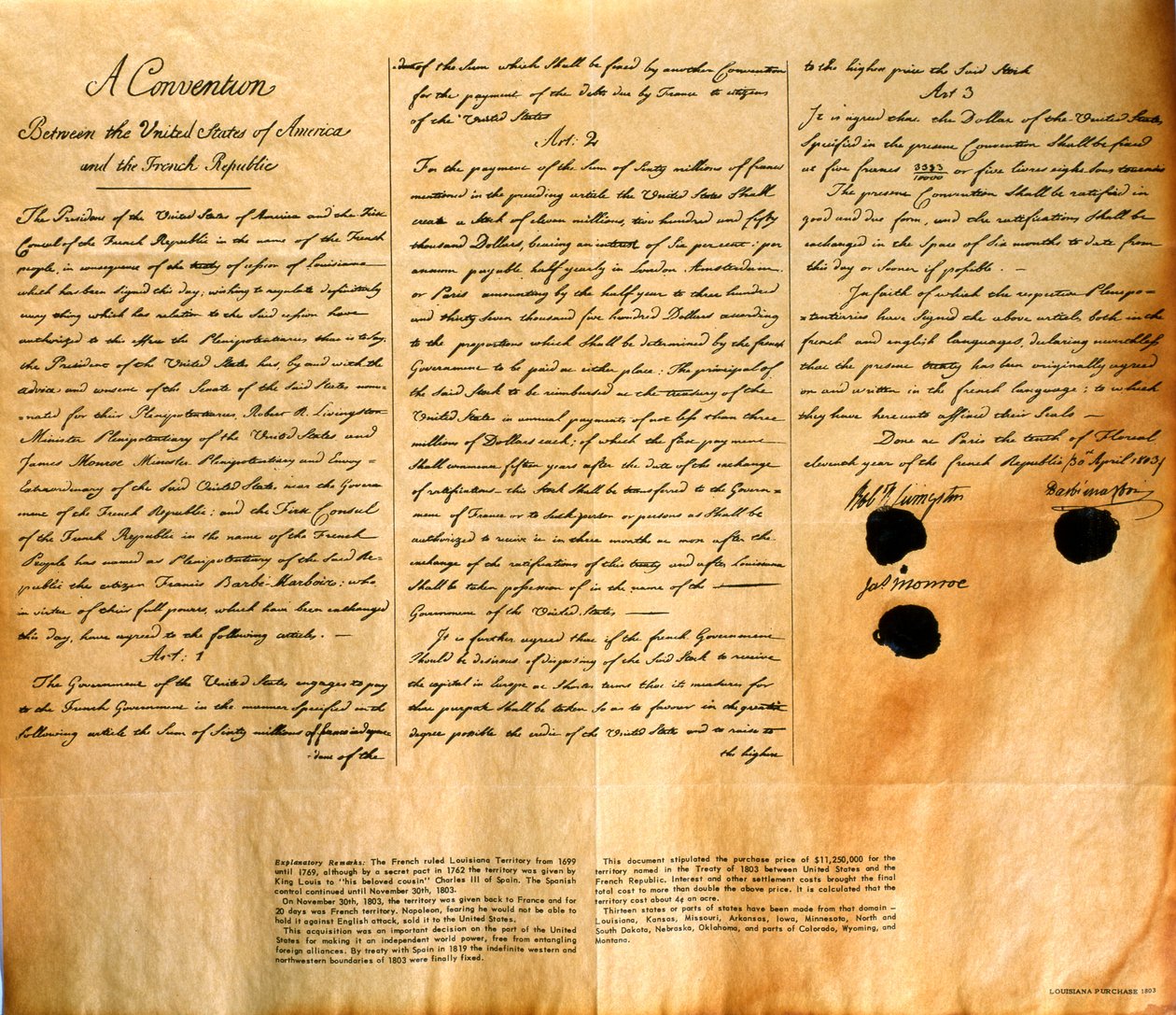 Faksimile úmluvy o koupi Louisiany Spojenými státy, 30. dubna 1803 od American School