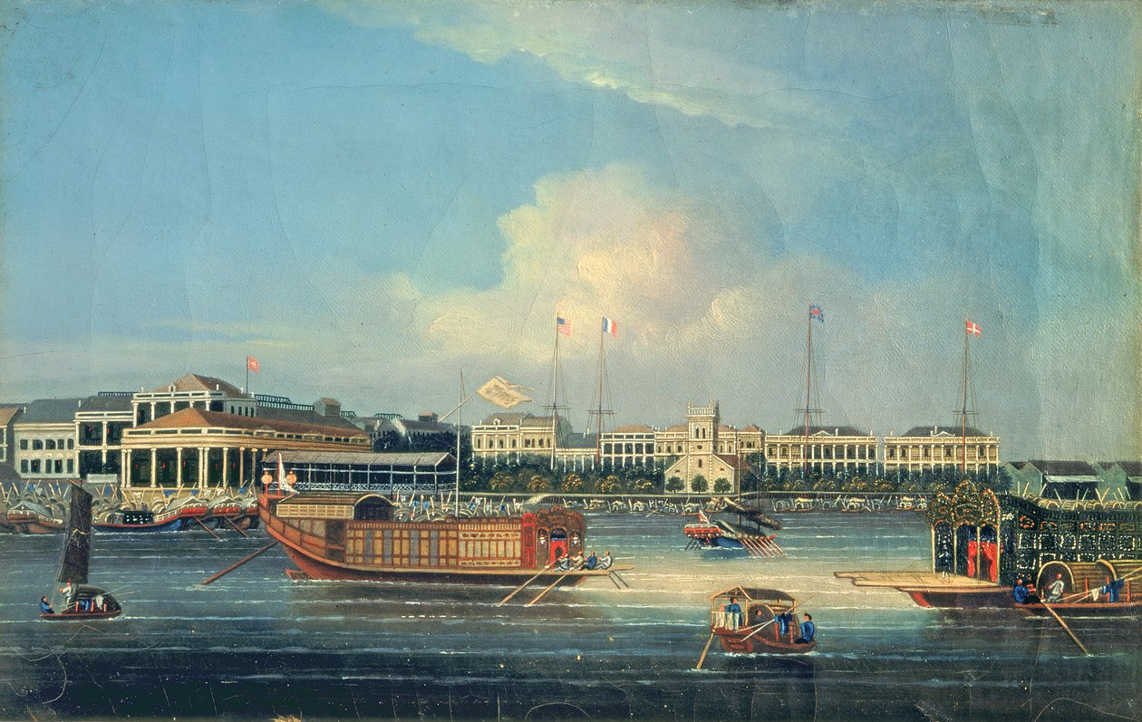 Továrny v Kantonu, z přístavu, Čína, 1850 od American School