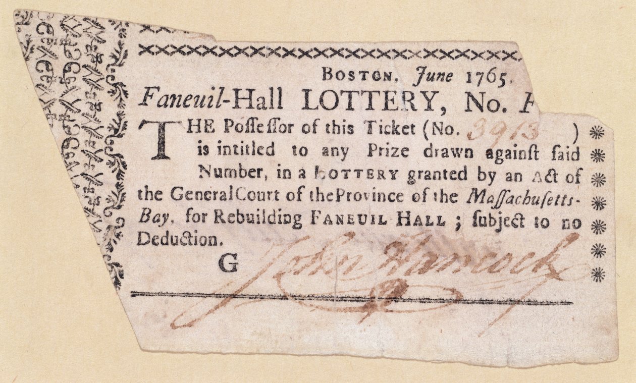 Loterijní lístek Faneuil-Hall, podepsaný Johnem Hancockem (1737-93) 1765 (inkoust na papíře) od American School