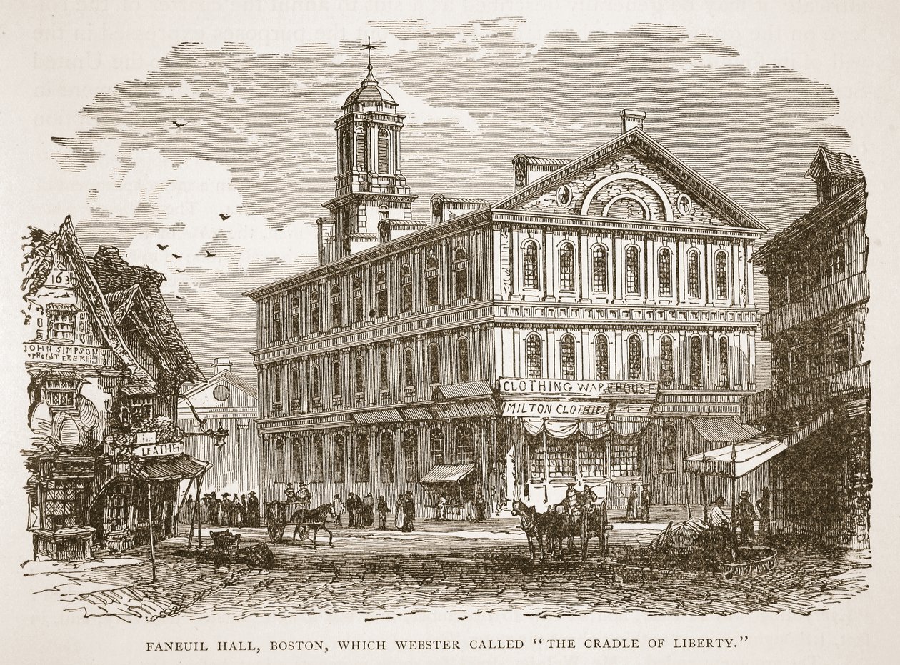 Faneuil Hall v Bostonu, kterou Webster nazval kolébkou svobody, z knižní hospody. 1896 od American School
