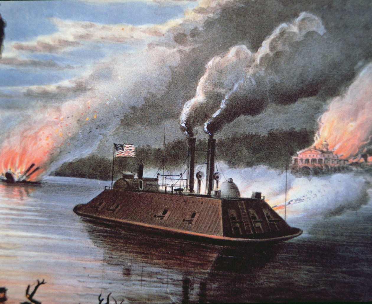Federální železná loď na Mississippi bombarduje nepřátelské území (barevné lito) od American School