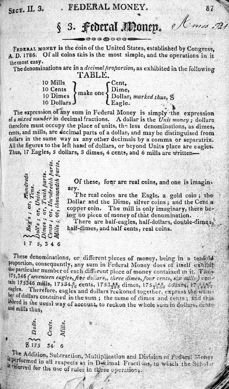 Federal Money, stránka z The Scholars Arithmetic 6th Edition, Daniel Adams, publikoval N.H.Keene, 1810 (tisk) od American School