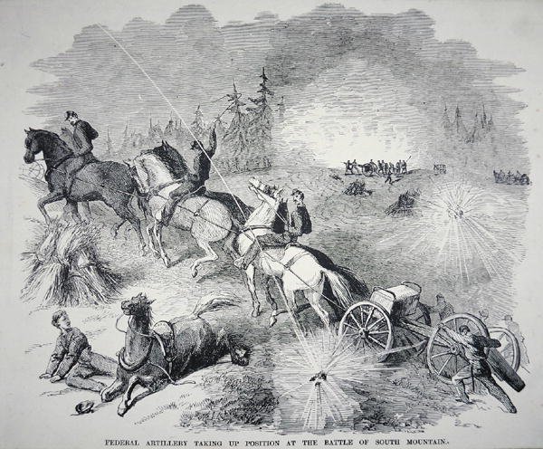 Federální dělostřelectvo zaujalo postavení v bitvě u Jižní hory, září 1862 (rytina) od American School