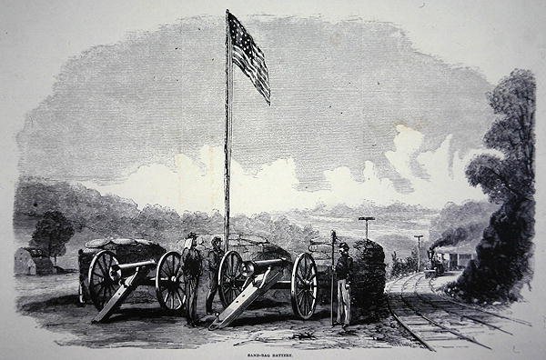 Federální baterie z pytlů s pískem na ochranu železnice během americké občanské války (1861-65) (litho) od American School