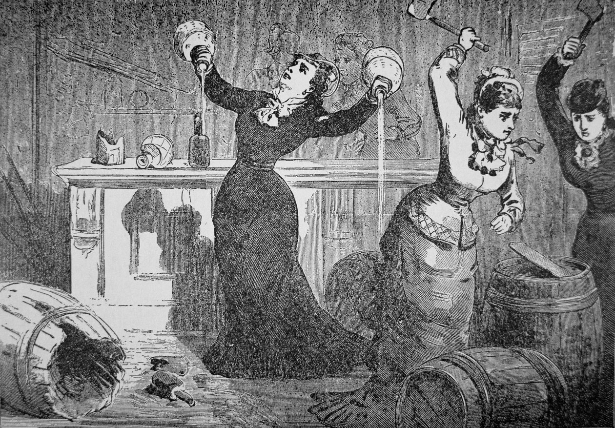 Členky Anti-Saloon League rozbily saloon, Fredericktown, Ohio, z „Police Gazette“ od American School
