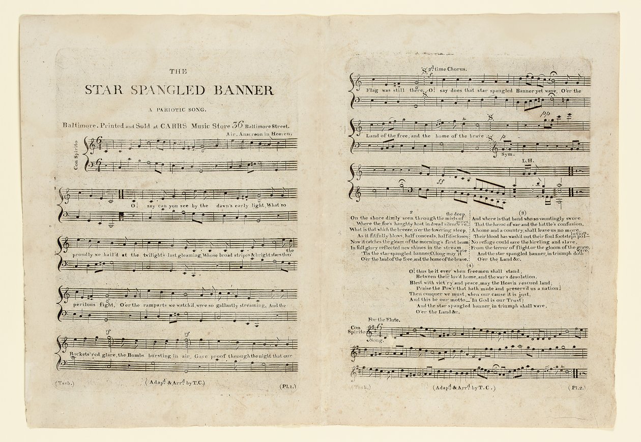 První vydání notového záznamu pro "The Star Spangled Banner. A Pariotic." od American School