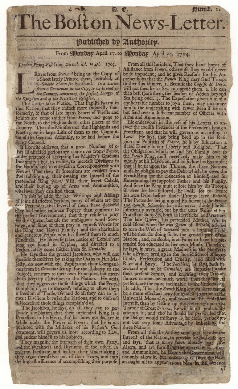 První vydání Boston News-Letter, 1704 (novinový papír) od American School