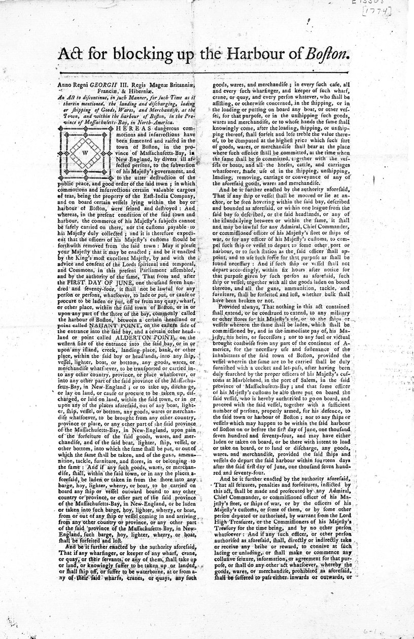 První stránka široké stránky popisující zákon o blokování přístavu v Bostonu, 1774 (novinový tisk) od American School