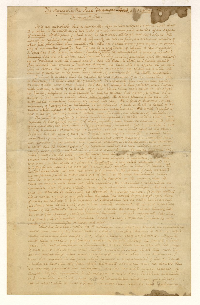 První stránka Vražd v Rue Morgue od Edgara Allana Poea, 1841 od American School