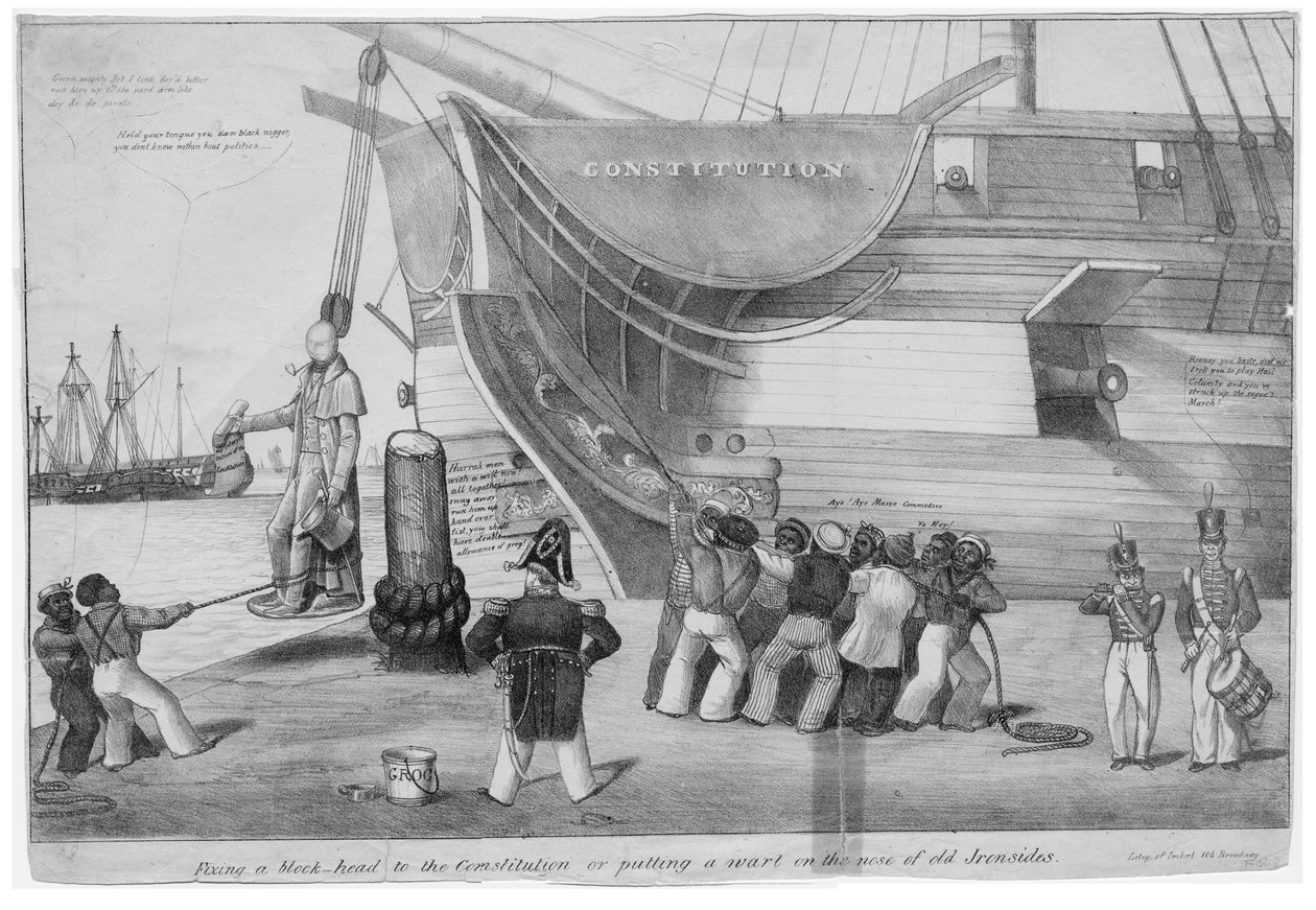 Připevnění blokové hlavy k Ústavě, aneb Nasazení bradavice na nos starého Ironsidese, kolem roku 1832 od American School