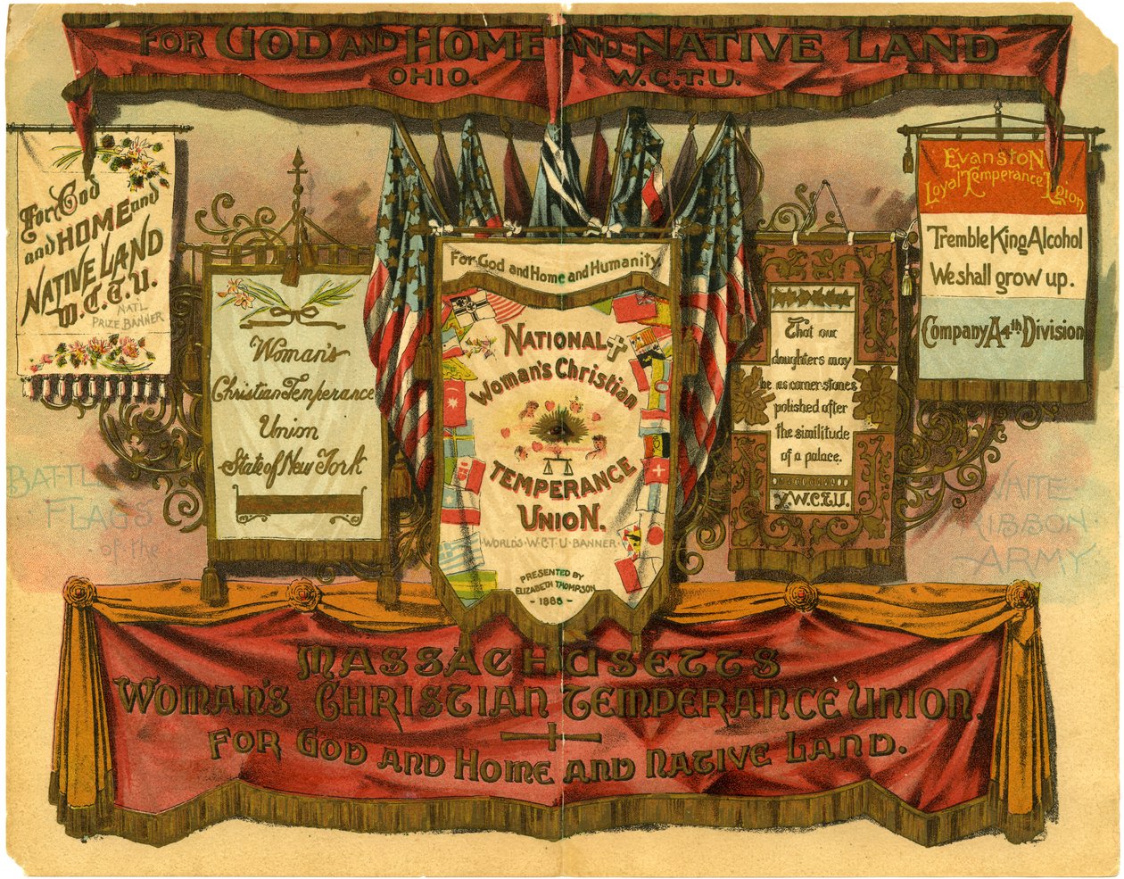 Pro Boha a domov a rodnou zemi... Ženská křesťanská unie střídmosti, Bojové vlajky armády Bílé stuhy, 1885 od American School