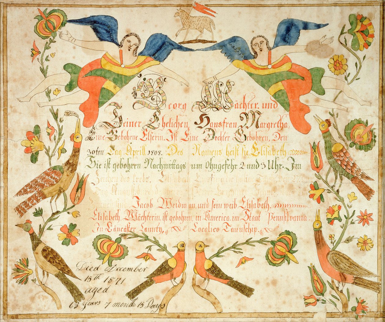 Fraktura rodného a křestního listu Elizabeth Wachterové (1808-71) 1808 (tuš a akvarel na papíře) od American School