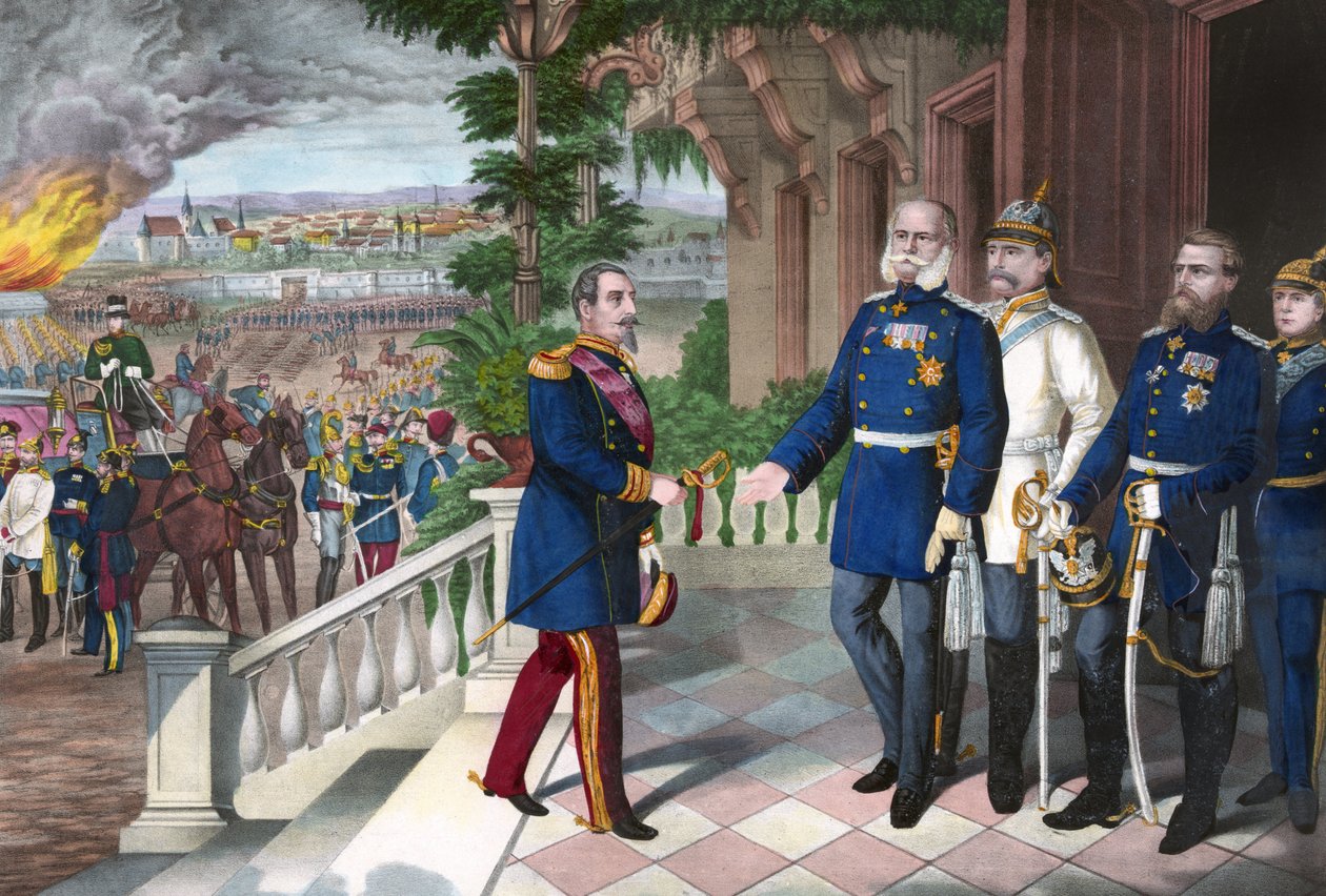 Francouzsko-pruská válka 1870-1871: Kapitulace Napoleona III. po bitvě u Sedanu, 2. září 1870. Barevná rytina, Američan, c1871 - Válka 1870: Napoleon III (1808-1873) zajatec po bitvě u Sedanu se setkává s Williamem Já Pruska (1797- od American School