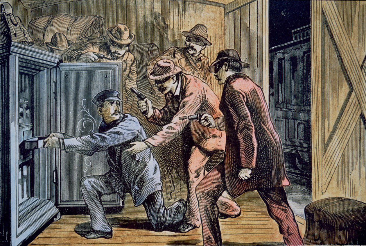 Frank a Jesse James Gang vykradli rychlík vlaku v roce 1879 (barva litho) od American School