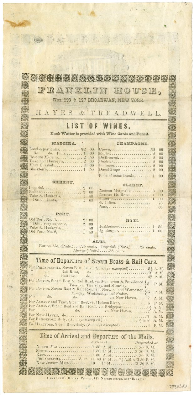 Vinný lístek Franklin House pro 23. května 1844, 1844 (ryté menu) od American School