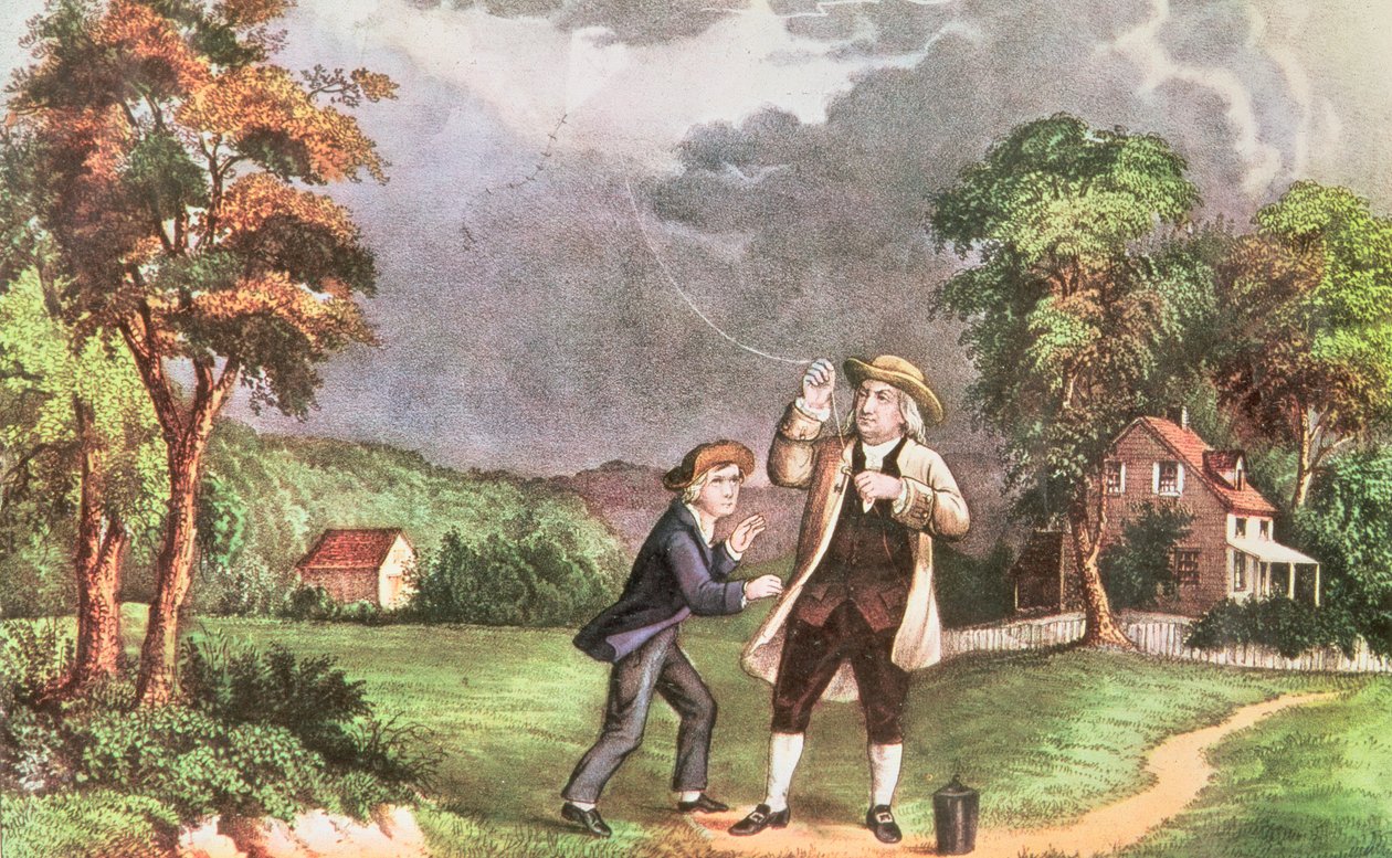 Franklins experiment v elektřině c.1746, pub. od Currier a Ives (tisk) od American School