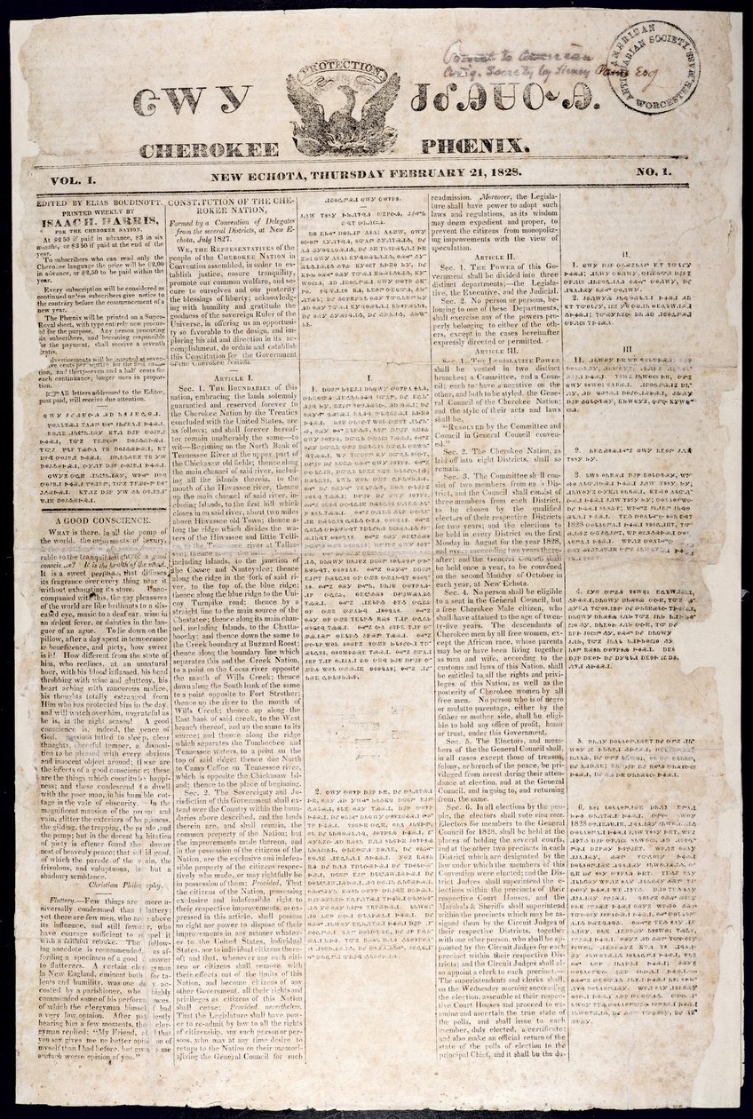 Přední strana z Cherokee Phoenix, 21. února 1828 (tisk) od American School