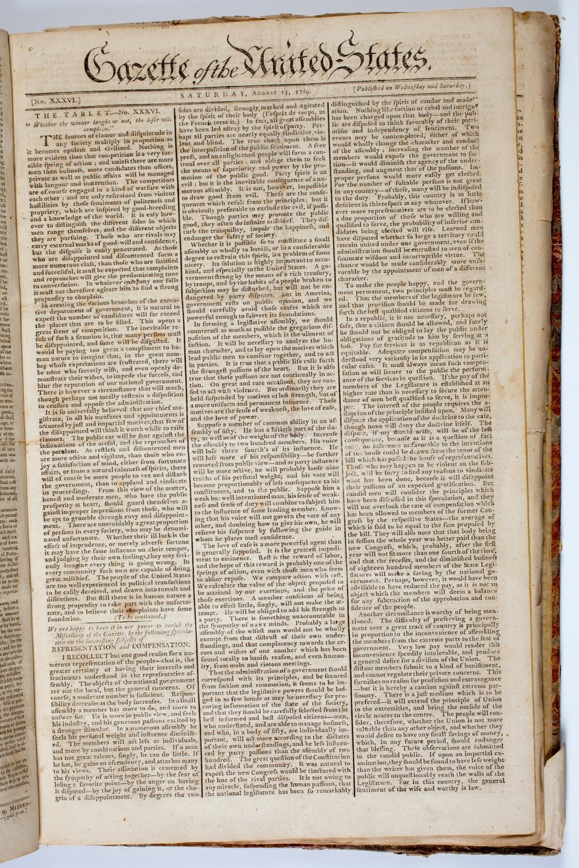 Titulní strana Gazette of the United States, 15. dubna 1789 od American School
