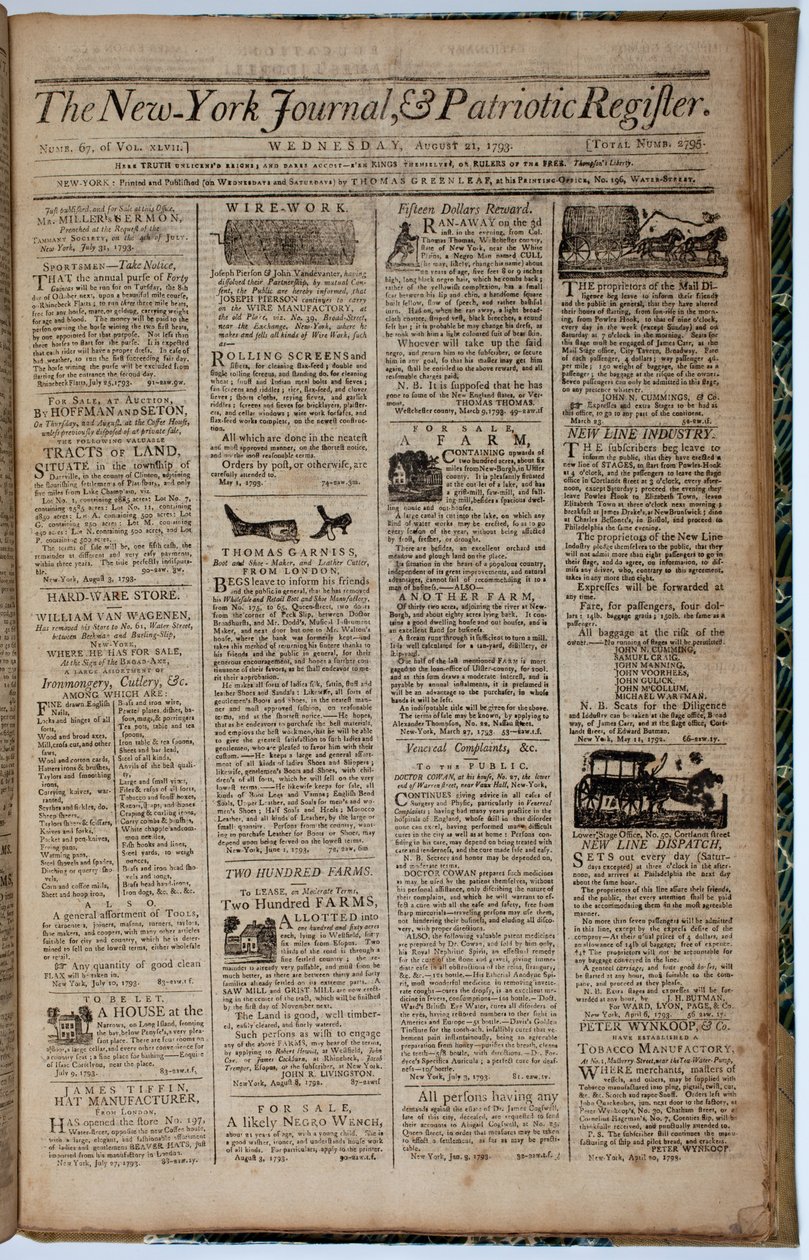Přední strana New York Journal and Patriot Register, 21. srpna 1793 od American School