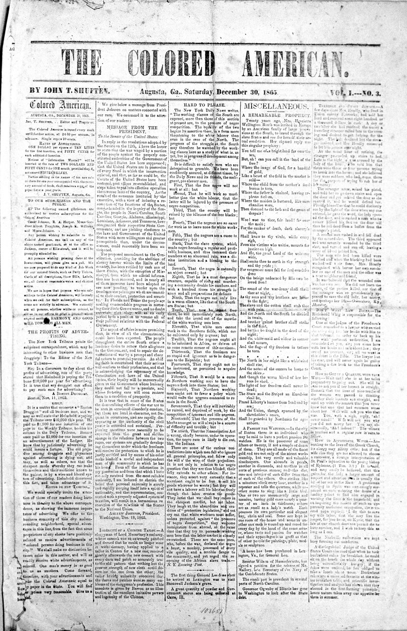 Přední strana The Colored American, 30. prosince 1865 (tisk) od American School
