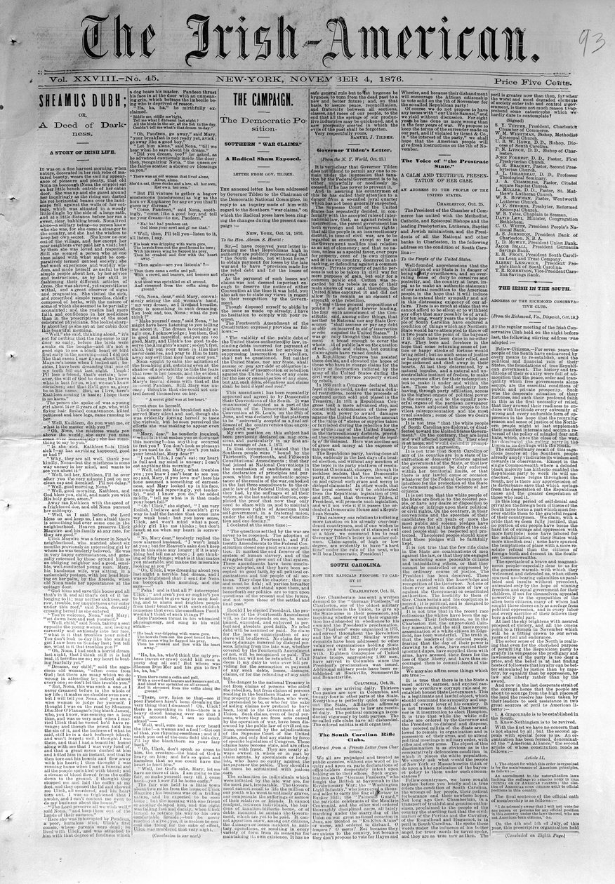 Titulní strana listu The Irish-American, vydaného v New Yorku, 4. listopadu 1876 (novinový papír) od American School