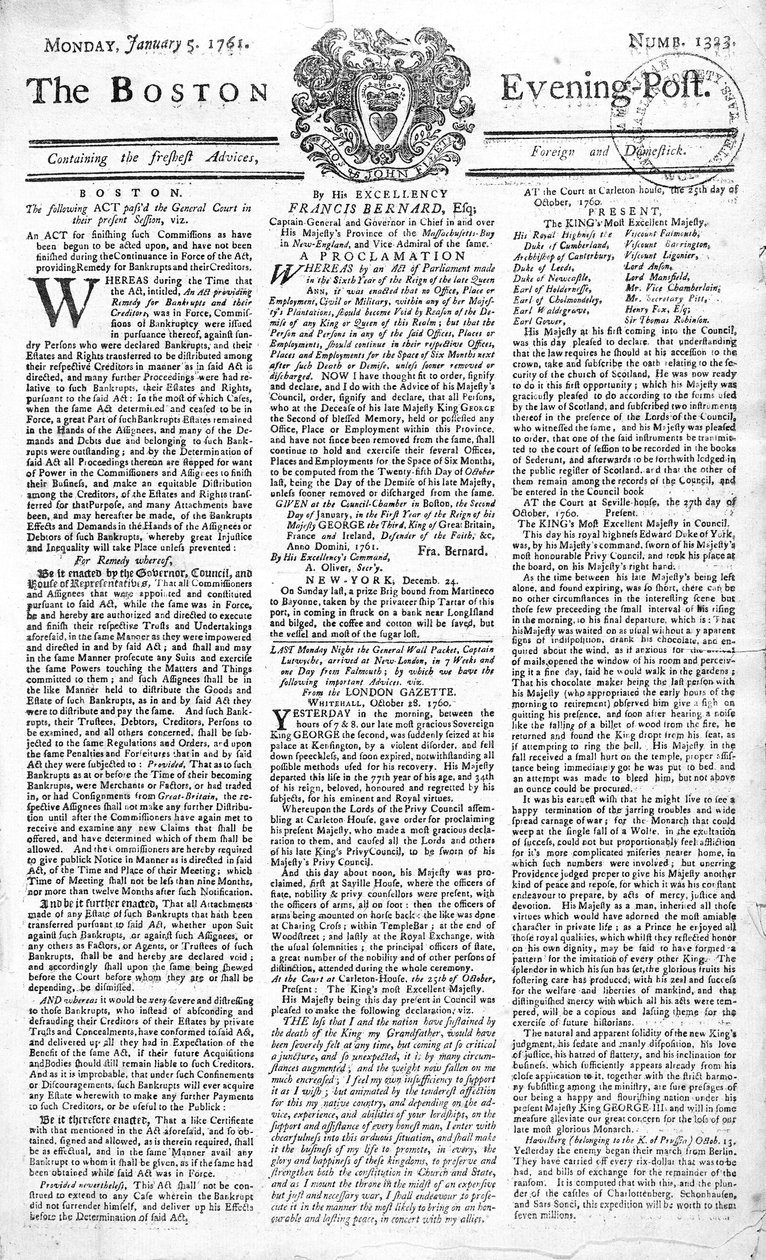 Přední strana Boston Evening Post oznamující smrt krále Jiřího II. (1683-1760), 5. ledna 1761 (tisk) od American School