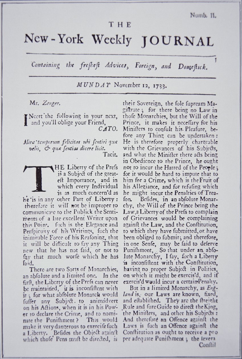 Titulní strana New-York Weekly Journal pojednávající o svobodě tisku od American School