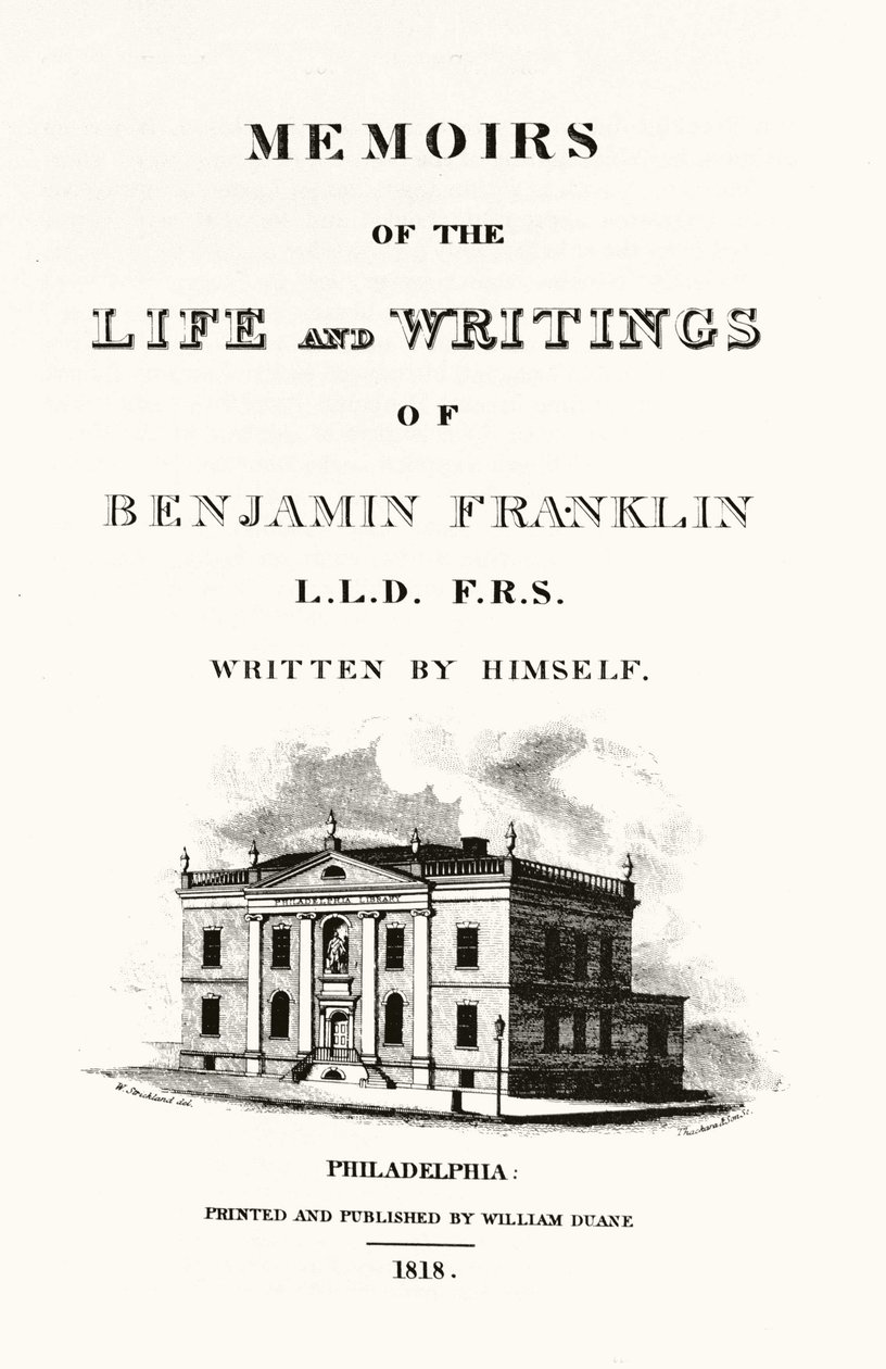 Frontispice autobiografie „Vzpomínky na život a spisy Benjamina Franklina“ od Benjamina Franklina. Vydání z roku 1818. od American School