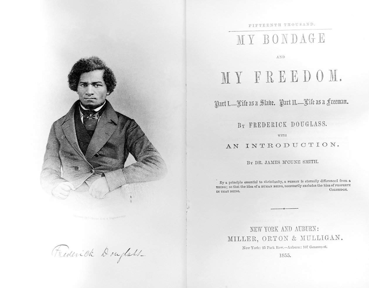 Frontispice a titulní strana k My Bondage and My Freedom od Fredericka Douglasse (1818-95) vydáno 1855 (tisk) od American School