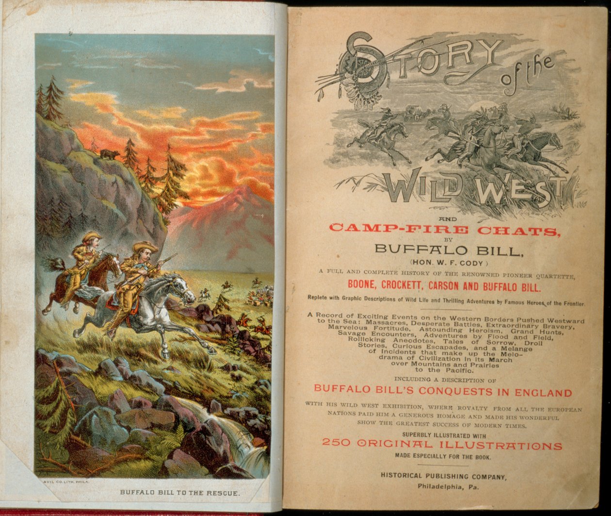 Frontispiece a titulní strana k Příběhu divokého západu a táborových chat od Buffalo Billa (1846-1917) od American School
